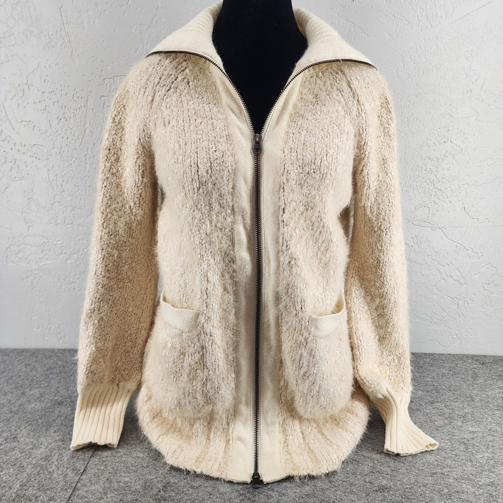 Anthropologie Cream Textured Boucle Fuzzy Full Zip Cardigan Sweater Jacket XS